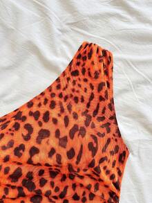 Soleia Sexy Casual One-Shoulder Ruched Leopard Print Top Club Orange Red Summer - Orange - View 5