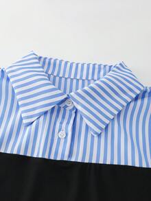 Franclia 女士夏季新款蓝白条纹拼接黑色亲肤面料连衣裙，舒适条纹+弹力针织露肩两用连衣裙 - 藍色 - 查看 4