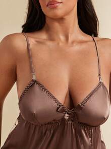 SHEIN BAE CURVE SilkySpell Plus Size Women Faux Silk Lace Patchwork Backless Slip Dress - Brown - View 4