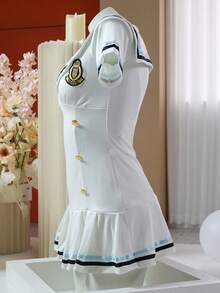 Dansine Conjunto de vestido marinero con botones, bloques de color a rayas, volantes en el bajo y bordado, con bragas de espalda en T, uniforme de cosplay para actuación - Blanco - Ver 3