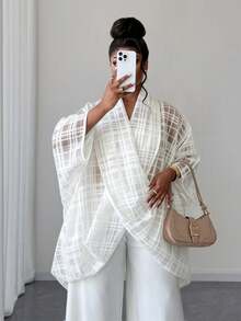 Maweii Plus Size Women's Sheer Criss-Cross Plaid Print Fashion Top - White - View 4