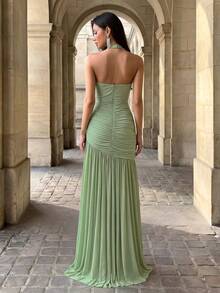 Firerie Elegant Powder Blue Floral Ruched Bust Mesh Overlay Fishtail Maxi Bridesmaid Dress Green Wedding - Mint Green - View 2