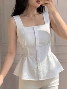 Celisse Elegant Waist-Cinched Open Front Square Neck Sleeveless Vest For Women Brunch White Summer - White - View 1