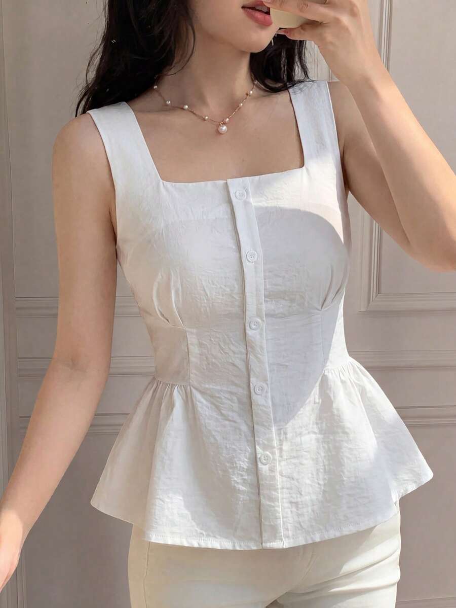 Celisse Elegant Waist-Cinched Open Front Square Neck Sleeveless Vest For Women Brunch White Summer - White - View 1