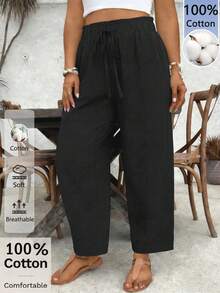 SHEIN VCAY 100% Cotton Comfortable Plus Size Women's Black Loose Casual Pants With Drawstring Waist And Ruffle Hem - Black - View 1