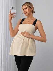 Momance 女款休閒荷葉邊下擺孕婦對比色細肩帶背心上衣 - 杏色 - 查看 2