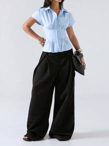 LYSMO Áo blouse nữ màu trơn tay cánh dơi ngắn, eo chiết, xếp ly - Màu xanh nhạt - Xem 5