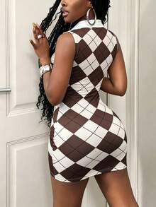 BamGleam Summer New Retro Brown & White Argyle Polo Collar Sleeveless Bodycon Mini Dress - Multicolor - View 2