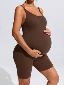 SHEIN 孕婦夏季純色極簡彈性透氣交叉露背運動連身褲 - 咖啡棕 - 查看 4