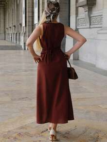 Elenary Edit Women's Round Neck, Single-Breasted, Sleeveless, Brown Dress Elegant Summer - Brown - View 2