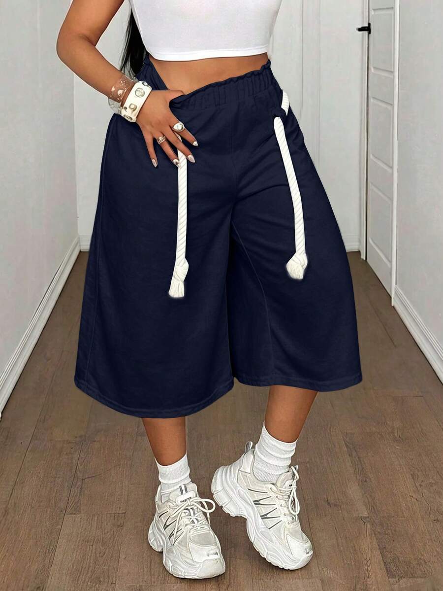 Maweii Celana Pendek Longgar Kasual Musim Panas untuk Wanita Ukuran Besar, Cocok untuk Pakaian Sehari-hari, Pesta, dan Liburan - Navy Blue - View 1