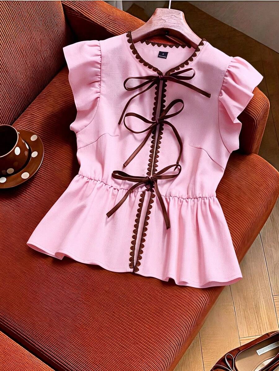 GlowEve Camisa elegante para mujer con bordado de concha color albaricoque, diseño de lazo de cuerda en color de contraste y manga corta tipo casquillo - Rosa - Ver 1