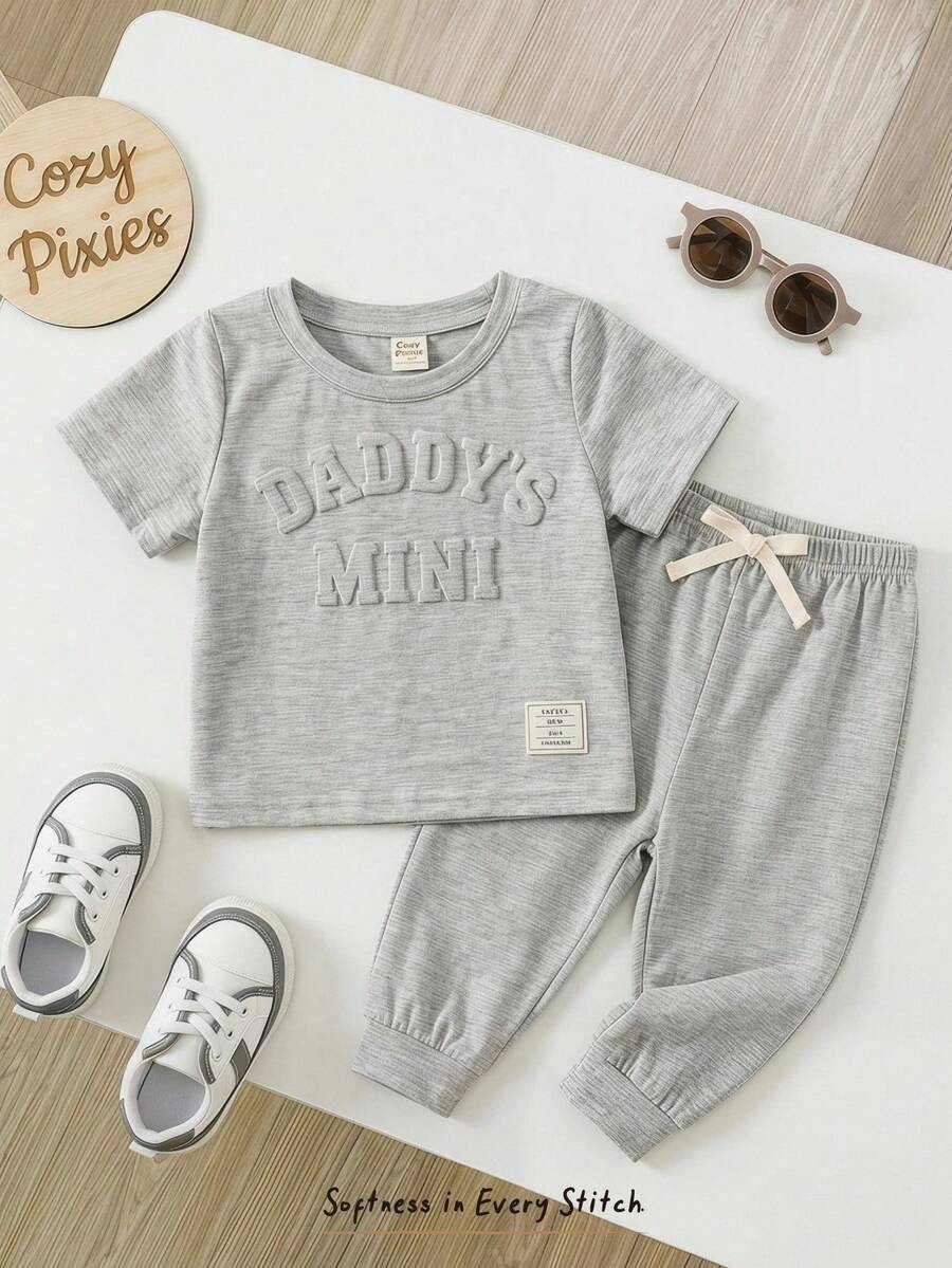 Cozy Pixies 2pcs Baby Boy Letter Pattern Knit Soft Round Neck Short Sleeve Top And Elastic Waist Pants Set - Grey - View 1