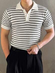 DAZY 男士黑白條紋 Polo 領針織上衣 夏季款 - 彩色 - 查看 3
