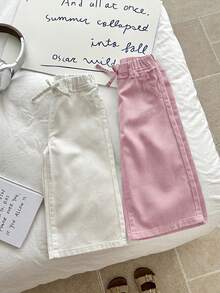 SHEIN LMoss Kids 女嬰兩件式可愛牛仔寬鬆舒適寬腿長褲，春夏休閒度假鄉村波希米亞風，海灘、西部街頭風、春假、電音節牛仔中長褲，畢業季穿搭 - 彩色 - 查看 4