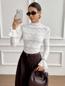 Serisse Camiseta de encaje elegante con cuello alto y mangas acampanadas para mujer - Albaricoque - Ver 2