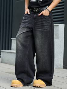 Manfinity EMRG 男士休閒街頭風斑馬刺繡鬍鬚黑色牛仔長褲 - 黑色 - 查看 5