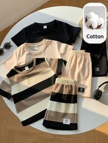 SHEIN Bộ 6 món quần áo hè cho trẻ em, kiểu dáng thoải mái thường ngày cho bé trai, gồm áo thun cổ tròn tay ngắn, áo thun kẻ sọc và quần short trang trí, bộ đồ nhiều món tiết kiệm chi phí, phù hợp cho hoạt động ngoài trời, chụp ảnh đường phố, dự tiệc và thư giãn tại nhà. - Nhiều màu - Xem 2