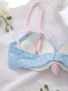 FairyFlirt 浅蓝色舒适半罩杯文胸，带钢圈，高支撑，提拉塑形，蕾丝拼接，撞色设计，蝴蝶结装饰，可爱优雅女士内衣 - 淺藍色 - 查看 3