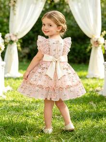 SHEIN Glamorique Kids 刺繡公主洋裝，小飛袖收腰修身正式洋裝，適合女嬰，夏季婚禮新娘派對，粉色花卉，可愛優雅 - 彩色 - 查看 3