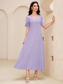 Lacomfia V-Neck Contrast Lace Textured Knit Mid-Length Dress For Women - Purple - View 5