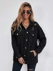 SHEIN Frenchy Button Blue Front Flap Pocket Drop Shoulder Denim Jacket - Black - View 5