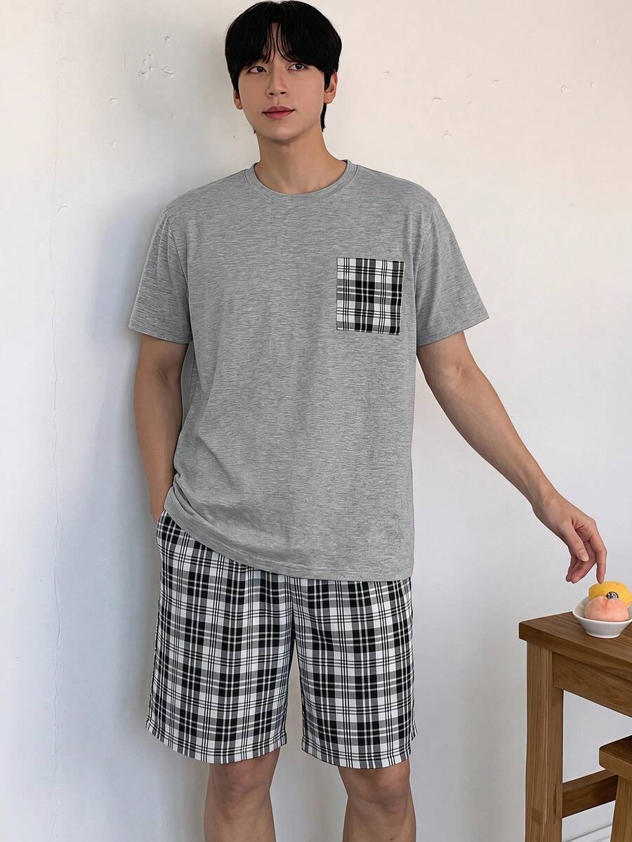 DAZY Conjunto de pijama de pantalón corto y camisa de manga corta con bolsillo a juego para hombres - Multicolor - Ver 1