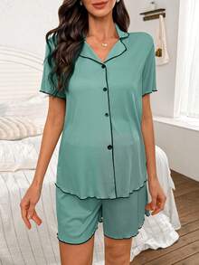 Moonlight&Mama 2pcs Contrast Trim Collared Cardigan & Shorts Set, Knit Maternity Loungewear In Khaki - Cadet Blue - View 5