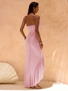 SHEIN Glamour Vestido corto de mujer con busto de malla de punto verde con volante en el bajo, vestido de fiesta de vacaciones sexy verde para mujer, vestido con abertura - Rosa - Ver 2