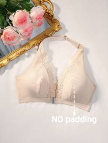 Divavoom Front Closure Solid Color Romantic Lace Patchwork Halter Bra - Apricot - View 6