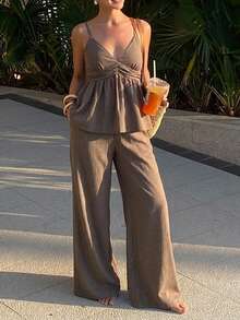 Livesso 春夏時尚棕色細肩帶上衣與直筒休閒長褲套裝，寬鬆休閒度假風海灘優雅通勤女裝2件組 - 棕色 - 查看 4