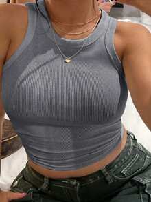 Rovax Women's Summer Casual Daily Commute Minimalist Versatile Solid Color Ribbed Knit Backless Slim Fit Cropped Tank Top - Dark Grey - View 3