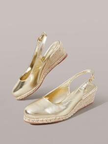 Styleloop Zapatos de tacón inclinado para mujer con suela gruesa, correa trasera de cuerda de cáñamo, impermeables, con detalle dorado, estilo elegante de vacaciones, cómodos, de ocio y playa, con suela de cuerda de cáñamo, estilo bohemio, sandalias tipo slingback sencillas para mujer - Dorado - Ver 4