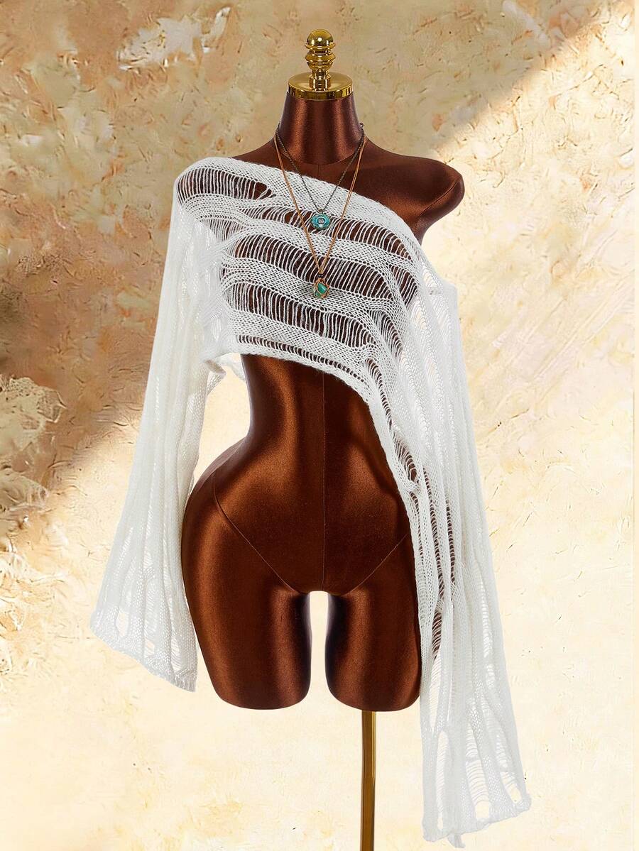 Amplova Women's Knitted Cover Up, Sexy & Avant-Garde, Suitable For Holiday Wear, Asymmetrical Distressed Y2K Sweater Country Concert Formal Sports Vacation Casual Elegant Summer Winter Festival Independence Day - Apricot - View 1