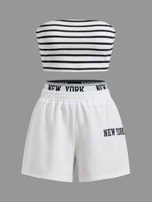 SHEIN Girlism 青少年女孩休閒街頭風 Y2K 英文字標語印花衛衣與短褲，附貼身針織純色抹胸上衣 2 件套 白色 - 彩色 - 查看 6
