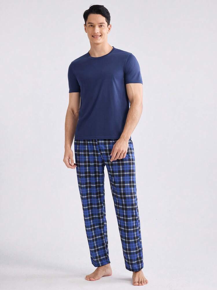 SHEIN Men's Summer Comfortable Solid Color Short Sleeve T-Shirt And Plaid Pants Loungewear Set - Royal Blue - View 7