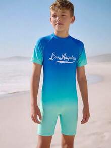 SHEIN Tween Boy Casual Sports Text Graphic Ombre Color Dopamine Romper Swimsuit, Suitable For Beach, Swimming, Surfing - Multicolor - View 6