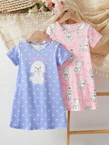 Setelan Baju Tidur Panjang dan Baju Santai Anak Perempuan Balita Sederhana Modis Warna Pink dan Abu-abu dengan Motif Domba Kartun Lucu, 2 Potong, Lengan Pendek dan Panjang - MultiWarna - View 3
