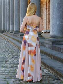 Elenary Edit Herbst/Winter Mehrfarbiges Farbverlauf Lila Muster Patchwork Kleid mit Oversized Saum, geeignet für romantische Dates, Partys und Treffen, elegantes Sommerkleid - Verschiedenfarbig - Übersicht 2