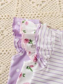 SHEIN Playful Pals 6pcs/Set Baby Girl Round Neck Multi-Color Combination Ruffle Flutter Sleeve Top & Elastic Waist Ruffle Hem Shorts Set, Comfortable Casual Cute Spring Summer Autumn New Style - Multicolor - View 4