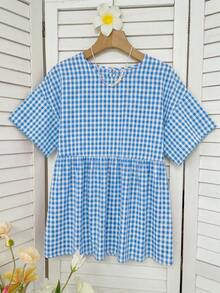 SHEIN EZwear 休閒極簡棉感藍色格紋梭織女款襯衫，適合夏季，夏季上衣，適用於日常通勤、約會、聚會、秋冬/夏季、聖誕節、新年、感恩節、派對、婚禮、海灘、畢業典禮、時尚、優雅、休閒、外出、約會、預約、通勤、亮麗、情人節 - 藍色 - 查看 3
