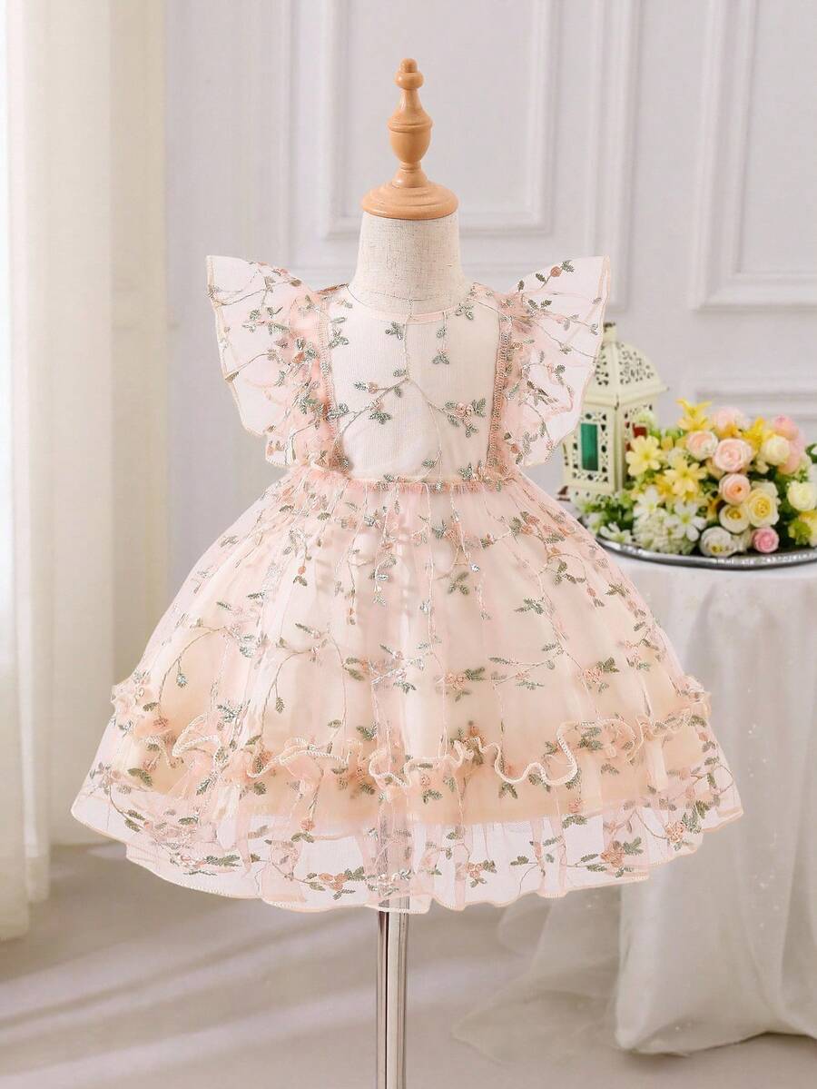 SHEIN Glamorique Kids 刺繡公主洋裝，小飛袖收腰修身正式洋裝，適合女嬰，夏季婚禮新娘派對，粉色花卉，可愛優雅