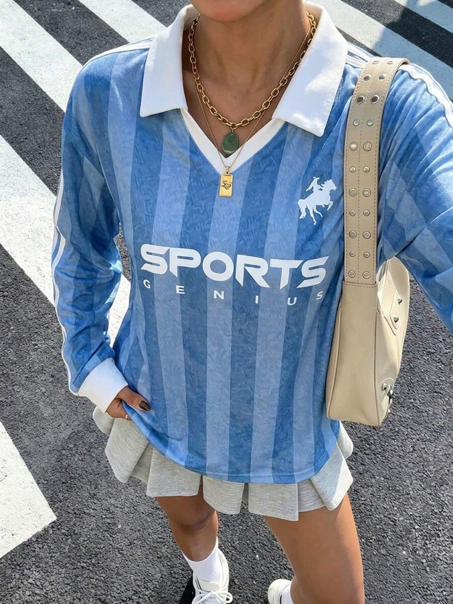 Muchica 女款休閒街頭風藍色條紋 Polo 衫,對比色領口袖口,馬匹印花,復古學院風經典街頭穿搭,秋季校園風 - 彩色 - 查看 1