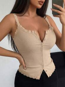 Dazy Plus Plus Size Women Contrast Lace Elastic Tight Camisole Top, Spring/Summer - Apricot - View 1