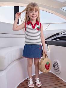 Elladie kids 2件組少女夏季校園復古套裝，杏色針織領口愛心背心上衣搭配丹寧裙褲，荷葉邊下擺與櫻桃刺繡 - 紅色 - 查看 4