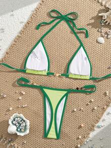 Swim Vcay Summer Beach Colorblock Contrast Trim Micro Triangle Bikini Set Music Festival - Yellow - View 3