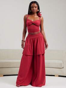 NYA SZN Matching Set Full Outfit Top And Trouser Bottom Set Jersey Floral Flower Tiered Flounce Ruffle Brunch Luxe Red Outfits For Women - Red - View 4