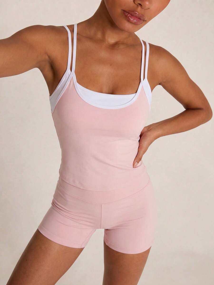 SHEIN BAE 女款對比色多巴胺 2合1運動背心，瑜珈運動服 - 粉色 - 查看 1