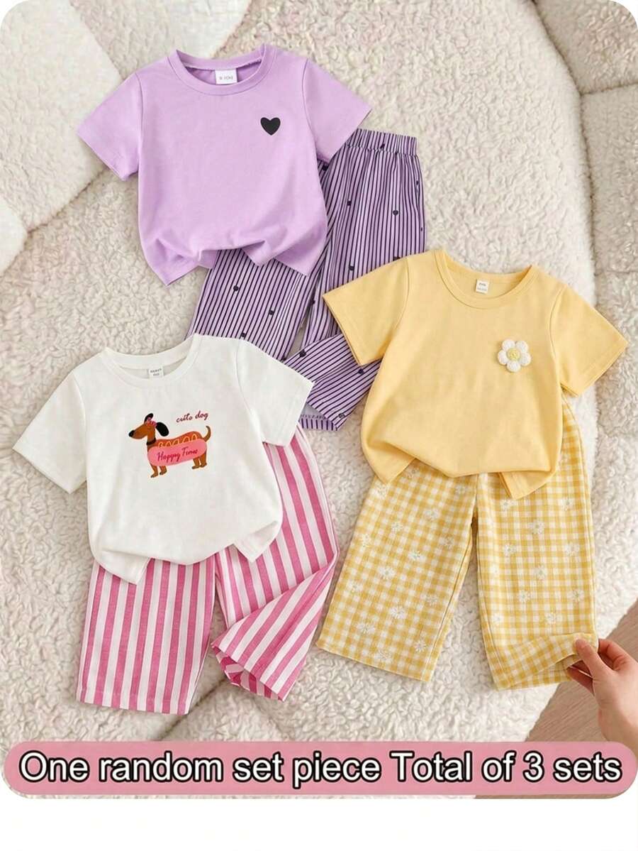 Baby Girl(3Sets, Get1 Set Random) Spring/Summer Casual Daily Cute Sausage Dog Print Round Neck T-Shirt + Pink Striped Long Pants Outfit Set, - Pink - View 1