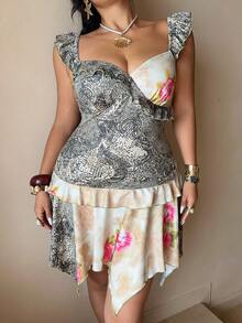 Sunnyshic Vestido de Talla Grande Primavera/Verano con Estampado de Retazos y Bajo con Volantes - Multicolor - Ver 6